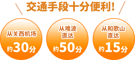 从关西机场约30分・从难波直达约50分・从和歌山直达约15分・交通手段十分便利!