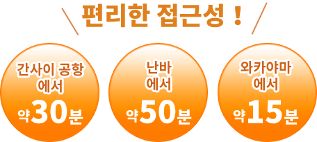간사이 공항에서 약30분,난바에서 약50분,와카야마에서 약15분,편리한 접근성!